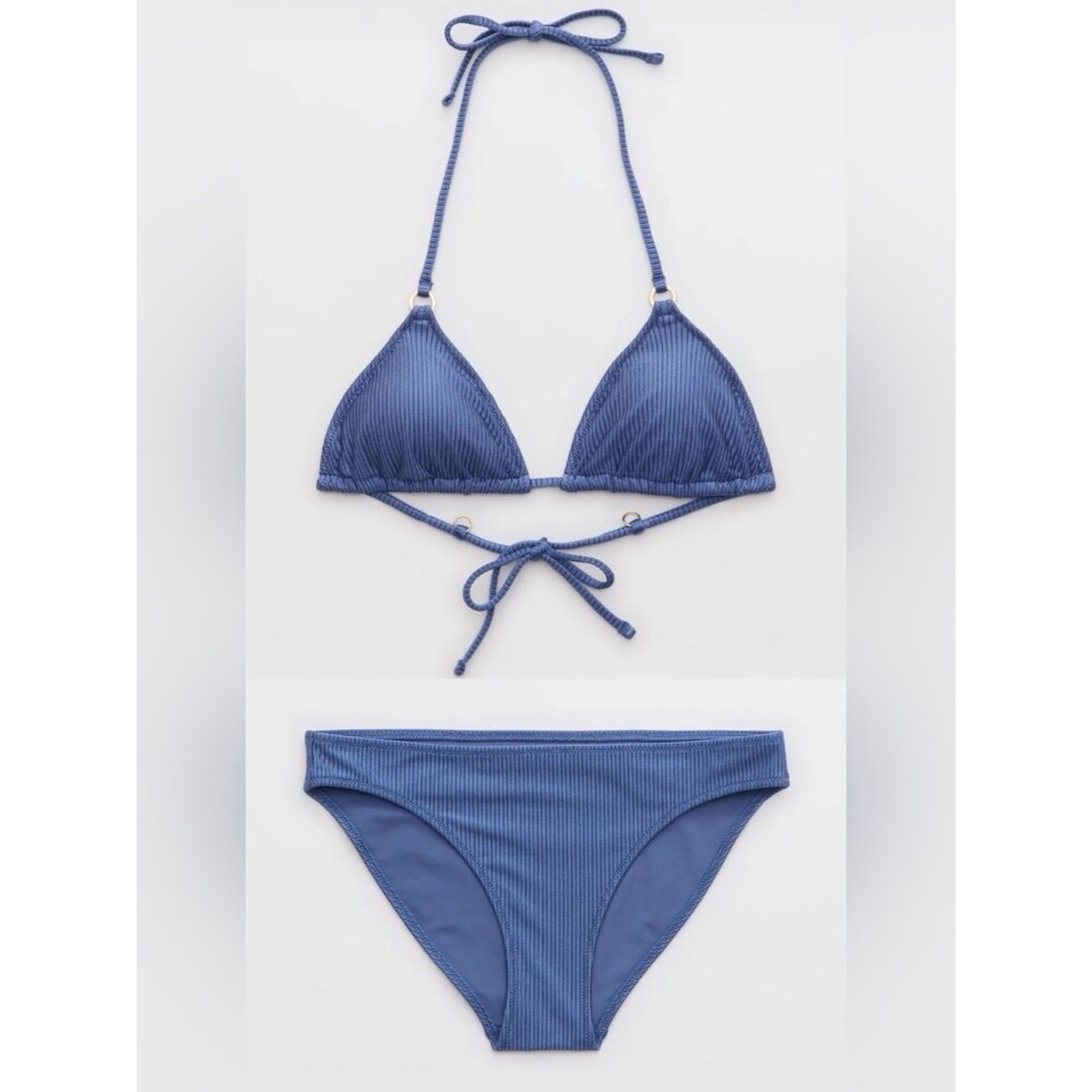 NWT Aerie FULL SET Shine Rib String Triangle + Full Coverage Bottom Marbled Blue